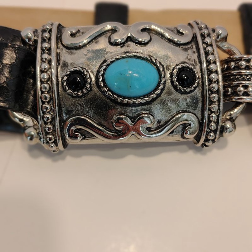 WCM New York ITALIAN Leather Luxury Black Belt Turquoise Western Women M - Picture 6 of 15